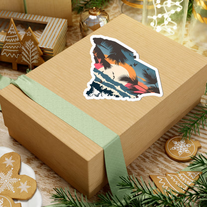 Palmetto Coast Sticker | Tropical Beach Sunset Inside South Carolina State Shape – Ocean Waves & Palm Tree Silhouette Vinyl Sticker