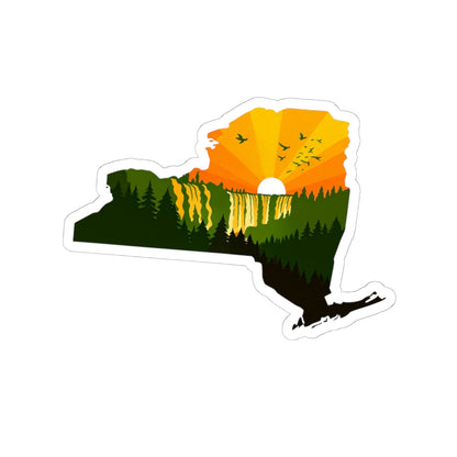New York Wilderness Sticker | Forest Sunrise in State Silhouette – Upstate Adventure Landscape Vinyl Sticker