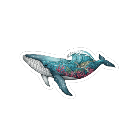 Reef Rider Sticker | Majestic Blue Whale with Coral Reef and Sea Life - Artistic Marine Wildlife Vinyl Sticker