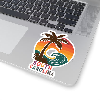 South Carolina Surf Wave Sticker | Retro Palmetto Tree and Sunset Wave Badge – Coastal Carolina Vinyl Sticker