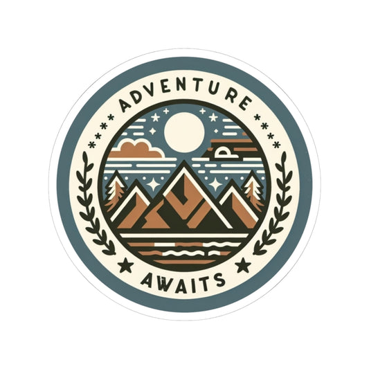 Adventure Awaits Sticker | Vintage Mountain Badge with Sun and Forest – Explore More Vinyl Sticker