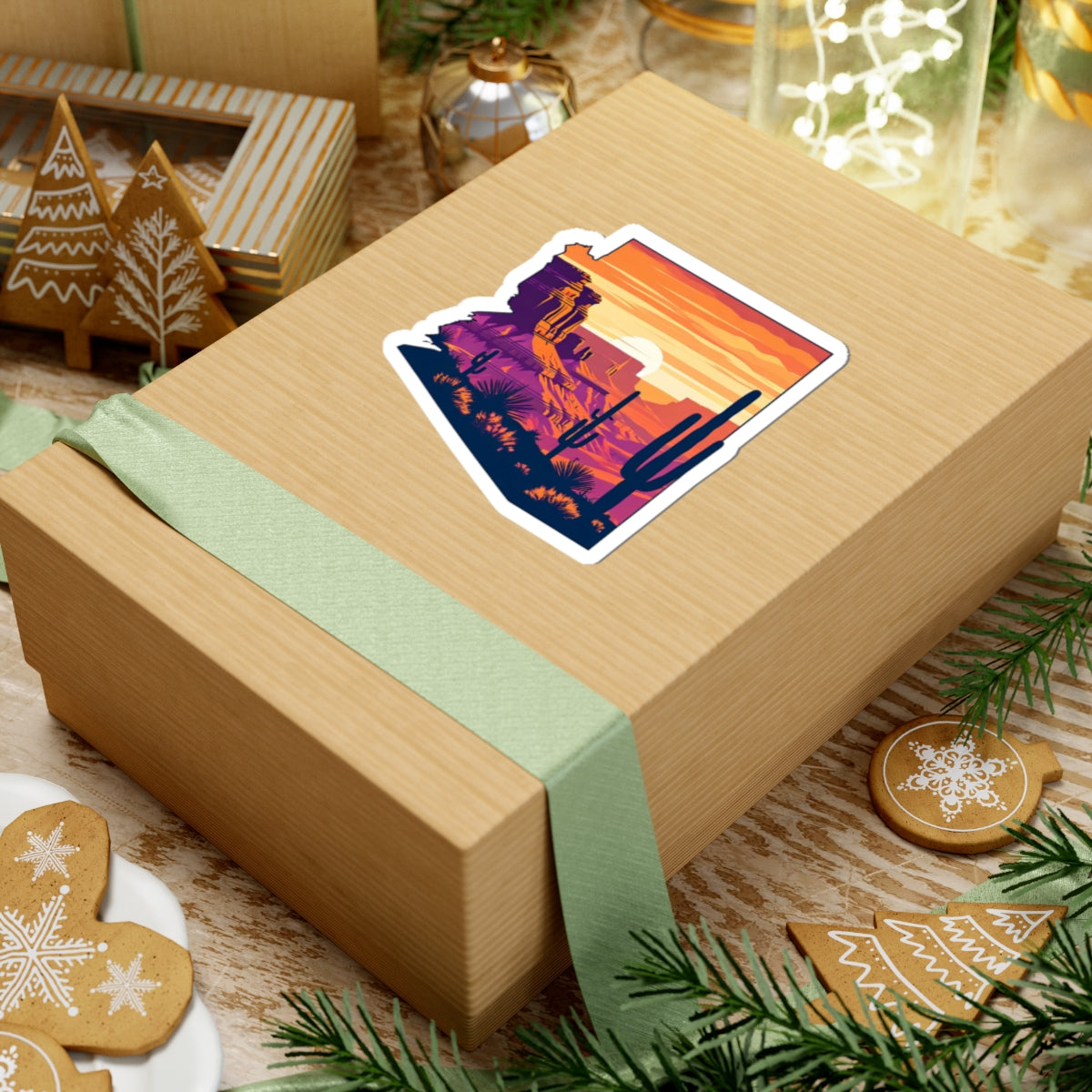 Desert Glow Sticker | Arizona State Outline with Cactus Landscape, Red Rocks, and Sunset Sky – Bold Southwest Desert Vinyl Sticker