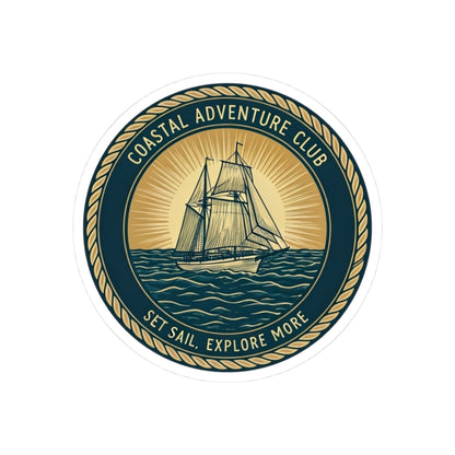 Coastal Adventure Club Sticker | Nautical Sailboat Emblem with Vintage Rope Border – Set Sail & Explore Vinyl Sticker