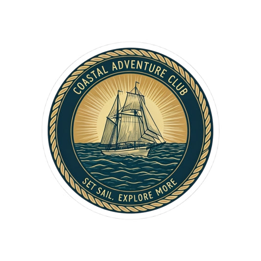 Coastal Adventure Club Sticker | Nautical Sailboat Emblem with Vintage Rope Border – Set Sail & Explore Vinyl Sticker