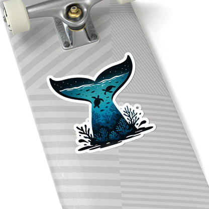 Sea Turtle Trek Sticker | Underwater Ocean Scene Inside Whale Tail - Marine Wildlife Vinyl Sticker