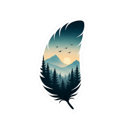 Feather Dusk Sticker | Tranquil Forest and Mountain Scene Inside Feather – Soft Sunset Wilderness Vinyl Sticker