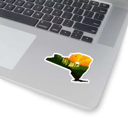 New York Wilderness Sticker | Forest Sunrise in State Silhouette – Upstate Adventure Landscape Vinyl Sticker