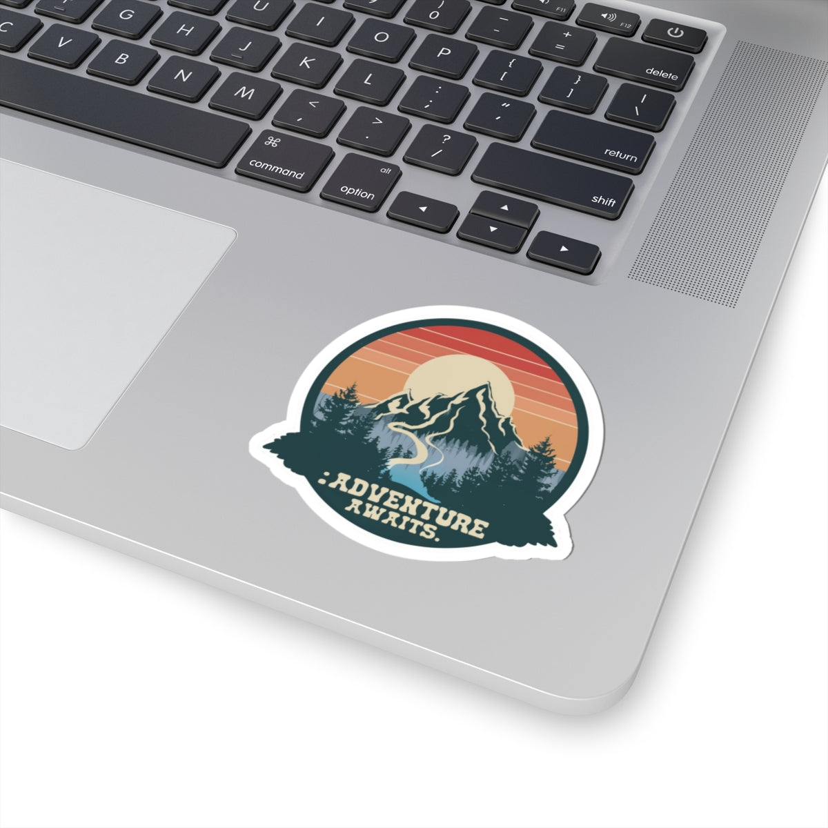 Adventure Awaits Sticker | Retro Mountain Landscape with River and Sunset - Scenic Wilderness Travel Graphic Vinyl Sticker