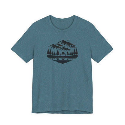 Alpine Reflection Tee | Minimal Mountain Scene with Forest and Lake - Bold Nature Graphic T-Shirt (BC3001)