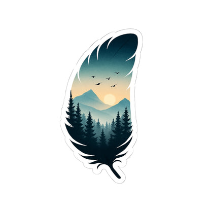 Feather Dusk Sticker | Tranquil Forest and Mountain Scene Inside Feather – Soft Sunset Wilderness Vinyl Sticker