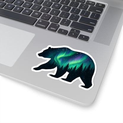 Aurora Bear Sticker | Northern Lights and Pine Forest Inside Bear Silhouette – Starry Wilderness Vinyl Sticker