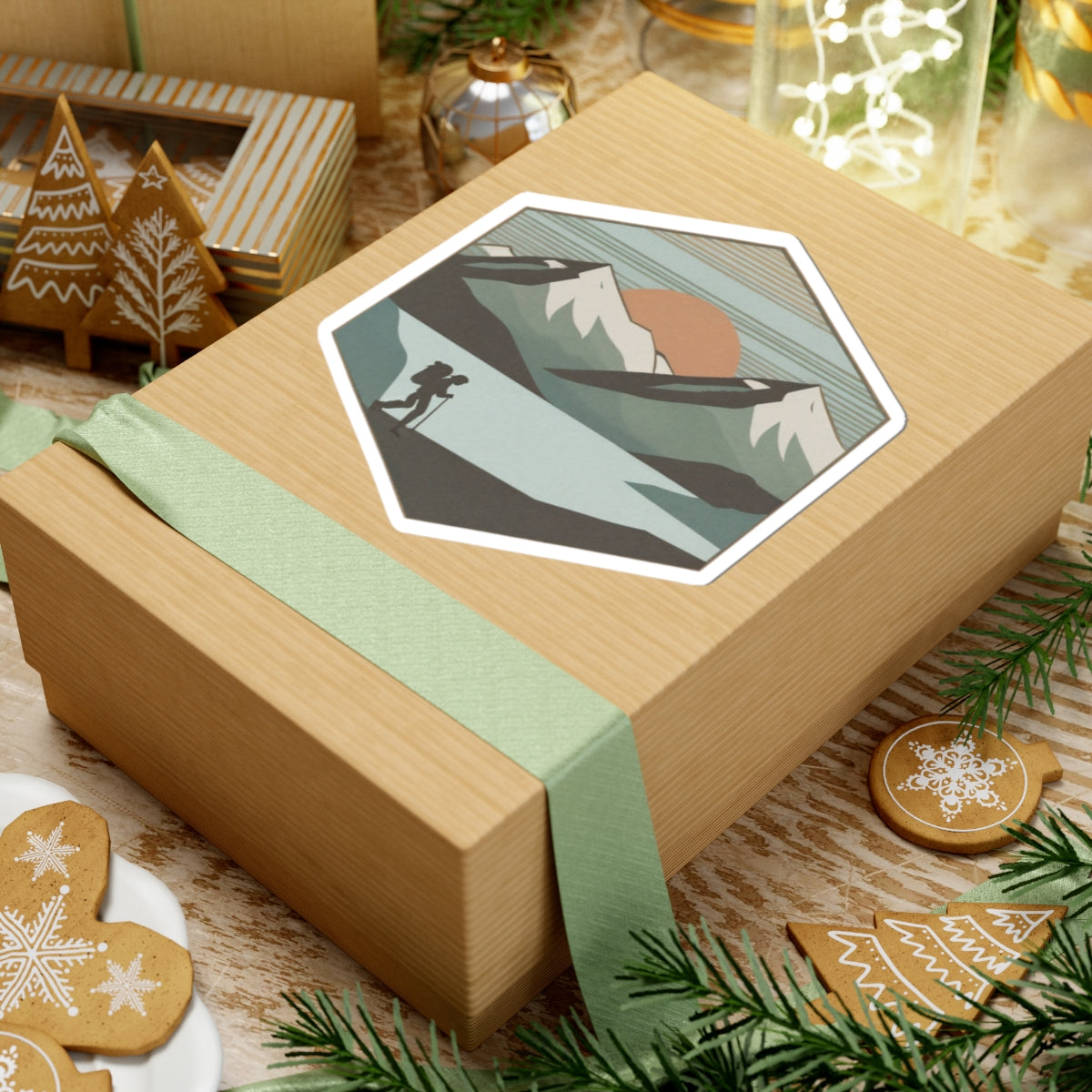 Horizon Hike Sticker | Minimalist Mountain Sunset with Hiker and Lake – Retro Wilderness Trek Graphic Vinyl Sticker