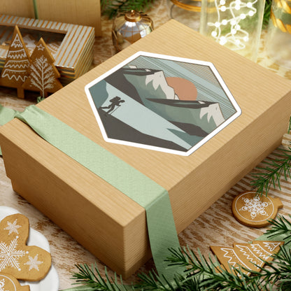 Horizon Hike Sticker | Minimalist Mountain Sunset with Hiker and Lake – Retro Wilderness Trek Graphic Vinyl Sticker