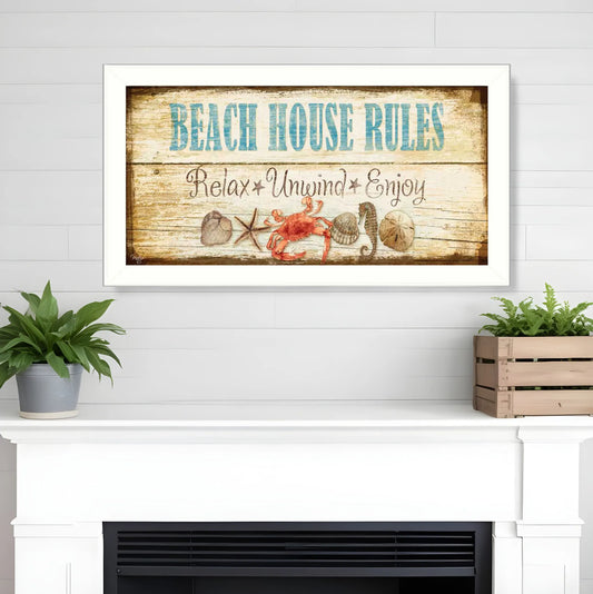 Beach House Rules White Framed Print Wall Art | Beach-Inspired Wall Decor