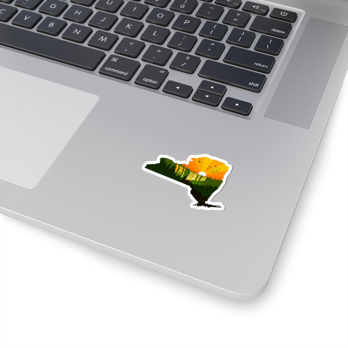 New York Wilderness Sticker | Forest Sunrise in State Silhouette – Upstate Adventure Landscape Vinyl Sticker