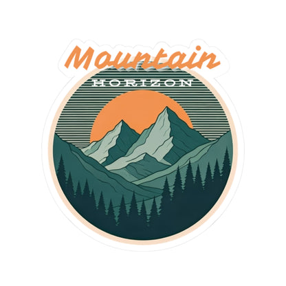Mountain Horizon Sticker | Retro Sunset Mountain Badge with Tree Line Silhouette – Wilderness Landscape Vinyl Sticker