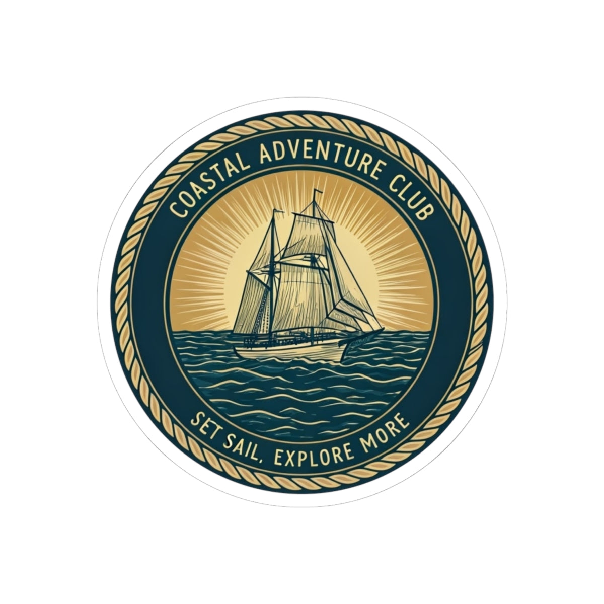 Coastal Adventure Club Sticker | Nautical Sailboat Emblem with Vintage Rope Border – Set Sail & Explore Vinyl Sticker