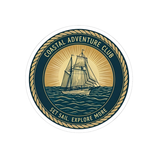 Coastal Adventure Club Sticker | Nautical Sailboat Emblem with Vintage Rope Border – Set Sail & Explore Vinyl Sticker