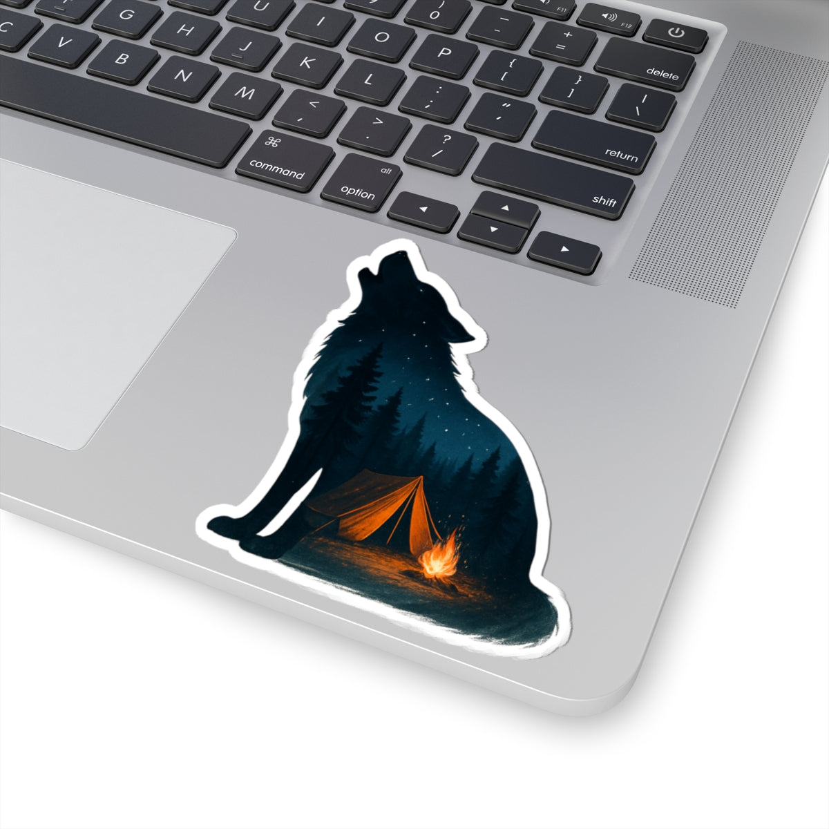 Moonlit Howl Sticker | Campfire and Tent Scene Inside Wolf Silhouette – Night Forest Adventure Vinyl Sticker