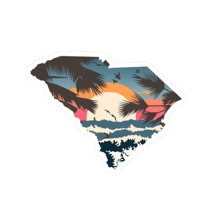 Palmetto Coast Sticker | Tropical Beach Sunset Inside South Carolina State Shape – Ocean Waves & Palm Tree Silhouette Vinyl Sticker