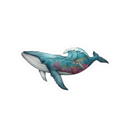 Reef Rider Sticker | Majestic Blue Whale with Coral Reef and Sea Life – Artistic Marine Wildlife Vinyl Sticker