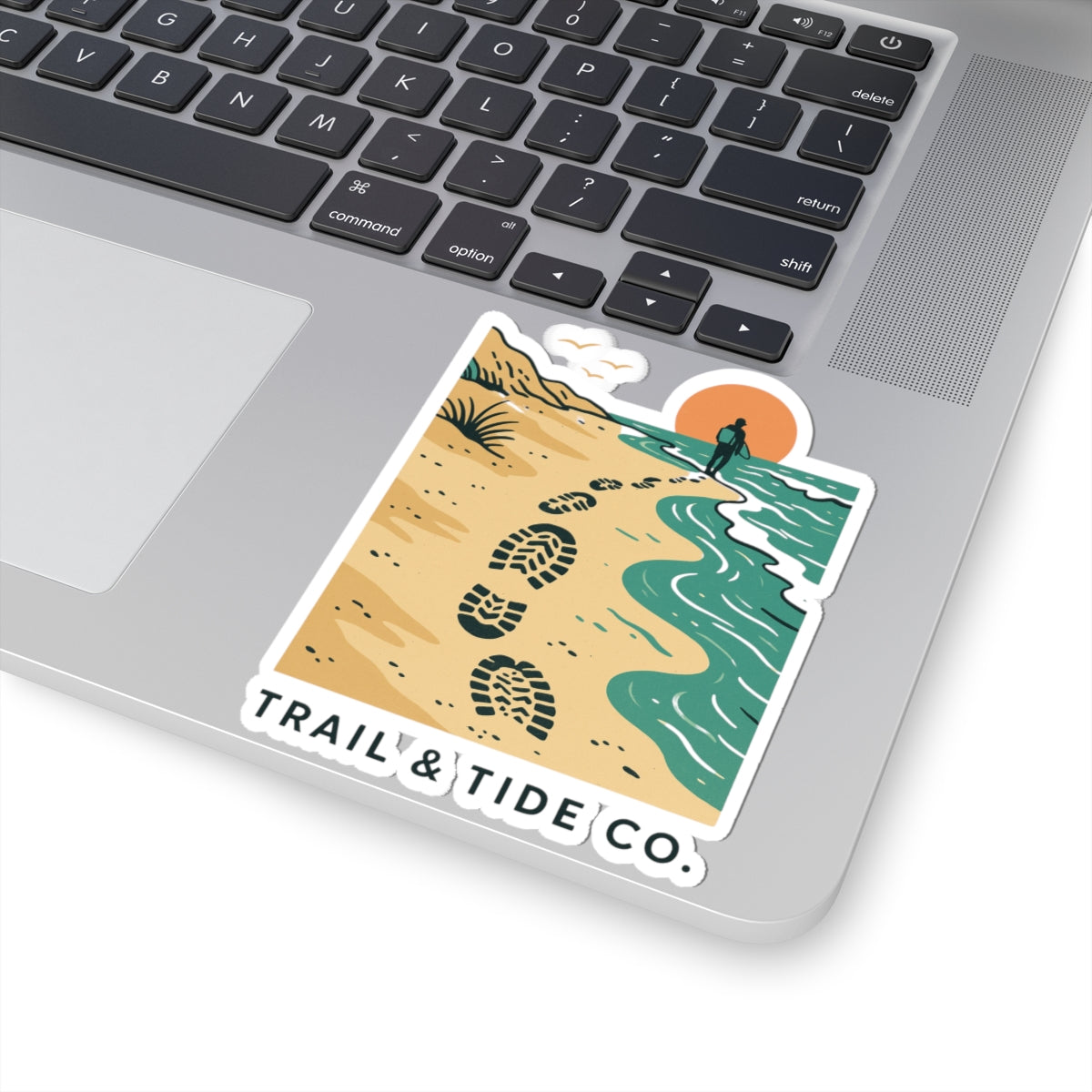 Beach Walker Sticker | Bootprints Along Coastal Trail with Sunset and Ocean – Adventure Beach Walk Graphic Vinyl Sticker