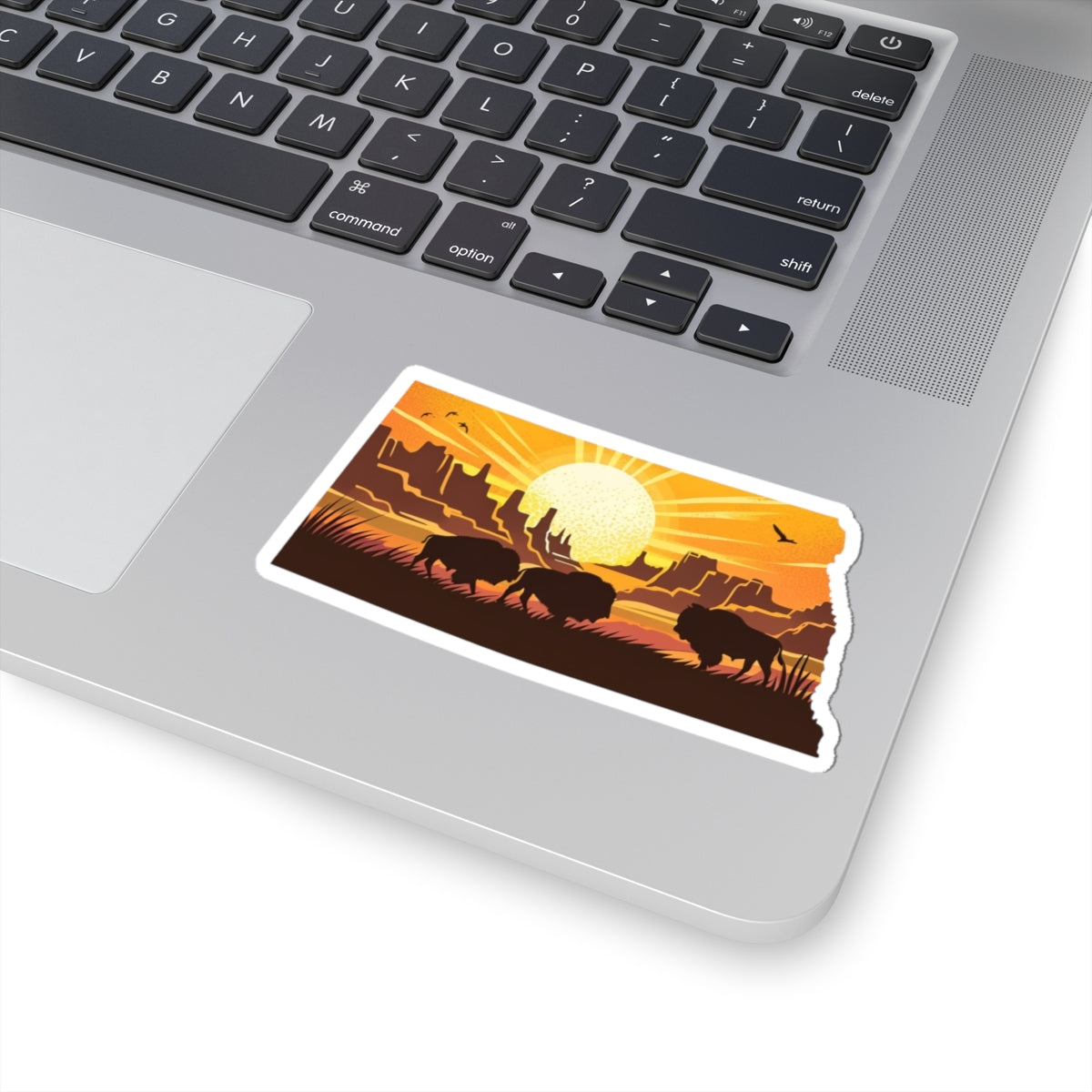 Dakota Sunset Sticker | North Dakota Shape with Bison Herd, Prairie Ridge, and Golden Sun – Bold Western Plains Vinyl Sticker