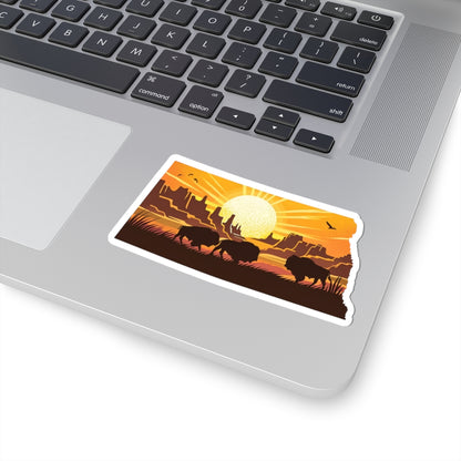 Dakota Sunset Sticker | North Dakota Shape with Bison Herd, Prairie Ridge, and Golden Sun – Bold Western Plains Vinyl Sticker