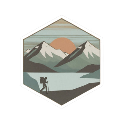 Horizon Hike Sticker | Minimalist Mountain Sunset with Hiker and Lake – Retro Wilderness Trek Graphic Vinyl Sticker