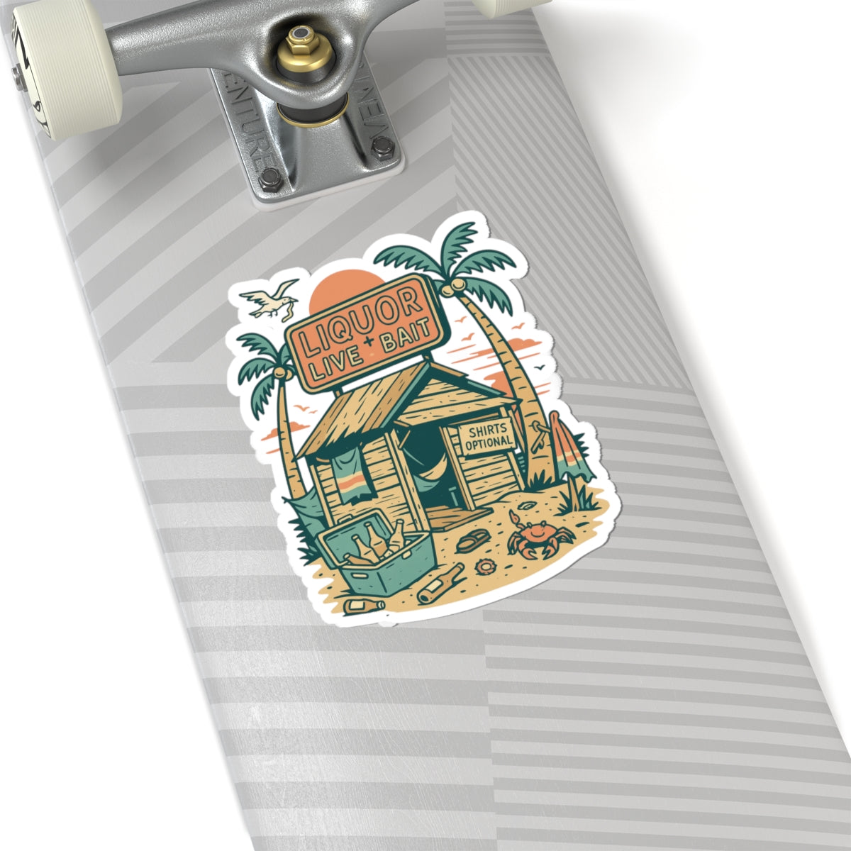 Beach Bait Shack Sticker | Retro Tropical Shack with Neon Sign, Palm Trees, and Cooler – Humorous Coastal Party Graphic Vinyl Sticker