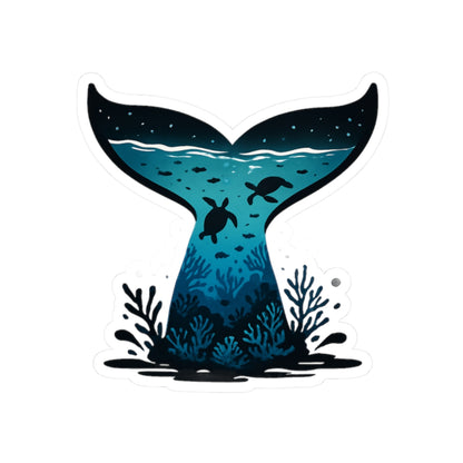 Sea Turtle Trek Sticker | Underwater Ocean Scene Inside Whale Tail - Marine Wildlife Vinyl Sticker