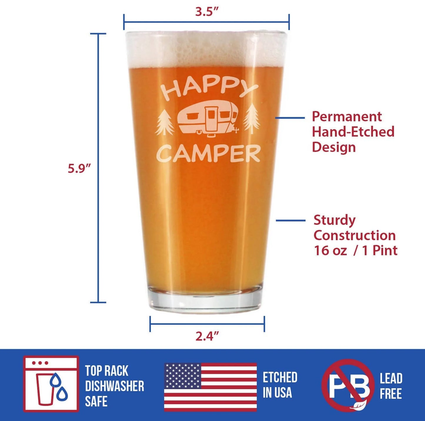 Happy Camper Pint Glass for Beer | Camping Gifts and Decor