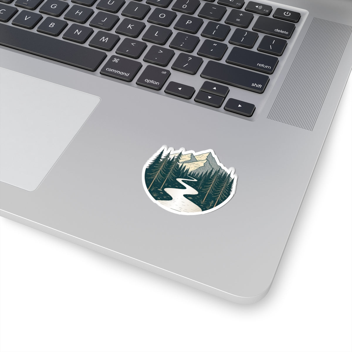 Alpine River Sticker | Winding Stream Through Pines and Peaks - Nature Mountain Scene Vinyl Sticker