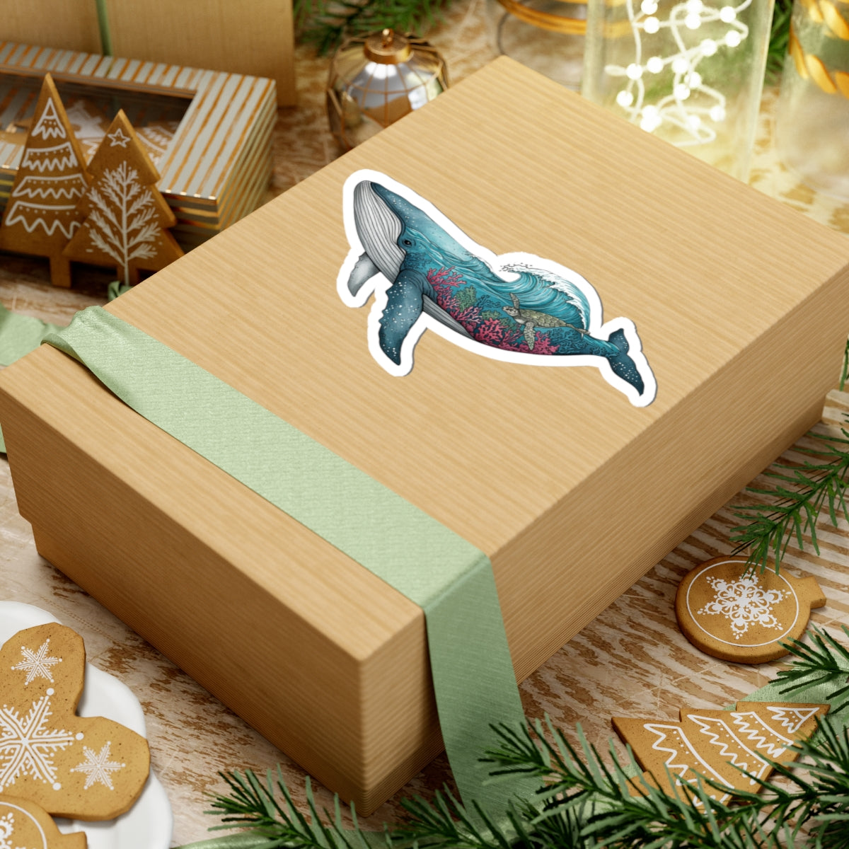 Reef Rider Sticker | Majestic Blue Whale with Coral Reef and Sea Life – Artistic Marine Wildlife Vinyl Sticker