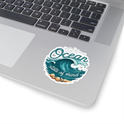 Ocean State of Mind Sticker | Rolling Wave and Seashell Graphic with Coastal Quote – Beach Lover Vinyl Sticker