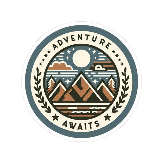 Adventure Awaits Sticker | Vintage Mountain Badge with Sun and Forest – Explore More Vinyl Sticker