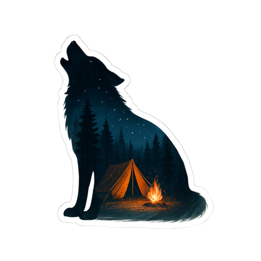 Moonlit Howl Sticker | Campfire and Tent Scene Inside Wolf Silhouette – Night Forest Adventure Vinyl Sticker
