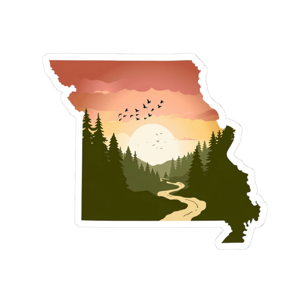 Missouri Wilderness Sticker | Sunrise Trail and Pines in State Silhouette – Ozark Forest Adventure Vinyl Sticker