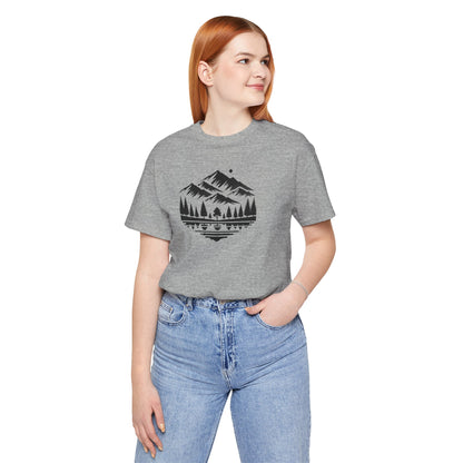 Alpine Reflection Tee | Minimal Mountain Scene with Forest and Lake - Bold Nature Graphic T-Shirt (BC3001)