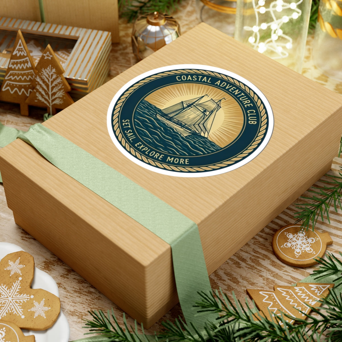 Coastal Adventure Club Sticker | Nautical Sailboat Emblem with Vintage Rope Border – Set Sail & Explore Vinyl Sticker