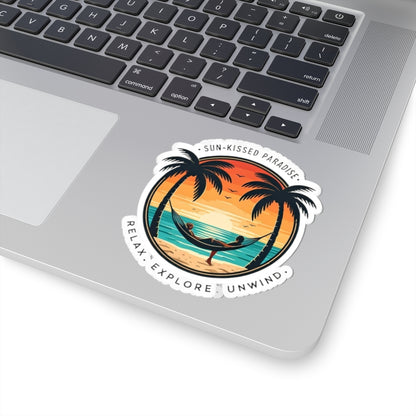 Sun-Kissed Paradise Sticker | Tropical Hammock Sunset with Palm Trees – Retro Beach Relaxation Graphic Matte Vinyl Sticker