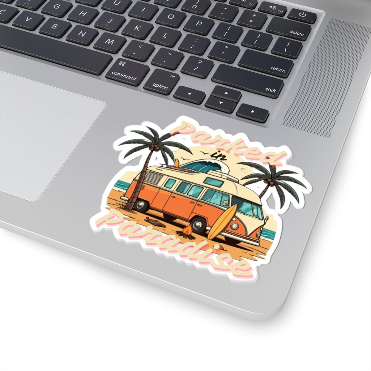 Parked in Paradise Sticker | Retro Camper Van Beach Scene with Palm Trees – Vintage Coastal Adventure Vinyl Sticker
