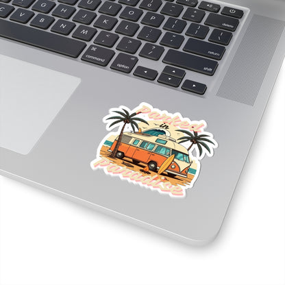 Parked in Paradise Sticker | Retro Camper Van Beach Scene with Palm Trees – Vintage Coastal Adventure Vinyl Sticker