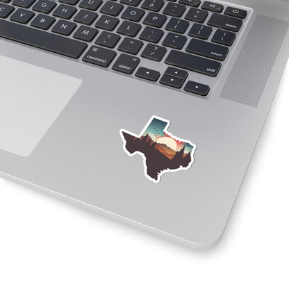 Texas Trail Sunset Sticker | Southwest Desert Landscape Inside Texas State Shape – Cactus, Cliffs & Sunset Wilderness Vinyl Sticker