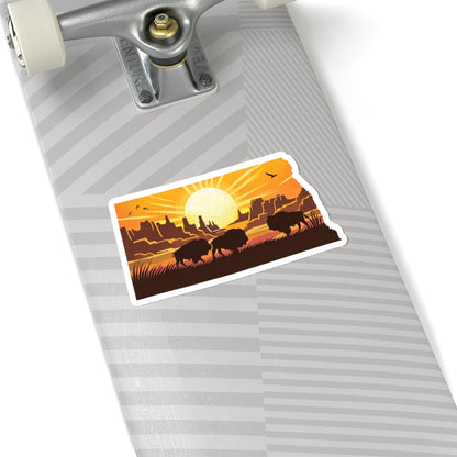 Dakota Sunset Sticker | North Dakota Shape with Bison Herd, Prairie Ridge, and Golden Sun – Bold Western Plains Vinyl Sticker