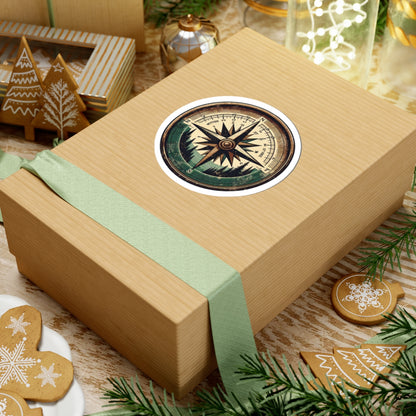 Wander North Sticker | Vintage Compass Rose with Forest Mountains - Adventure Navigation Graphic Vinyl Sticker