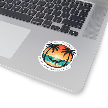 Sun-Kissed Paradise Sticker | Tropical Hammock Sunset with Palm Trees – Retro Beach Relaxation Graphic Matte Vinyl Sticker