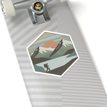 Horizon Hike Sticker | Minimalist Mountain Sunset with Hiker and Lake – Retro Wilderness Trek Graphic Vinyl Sticker