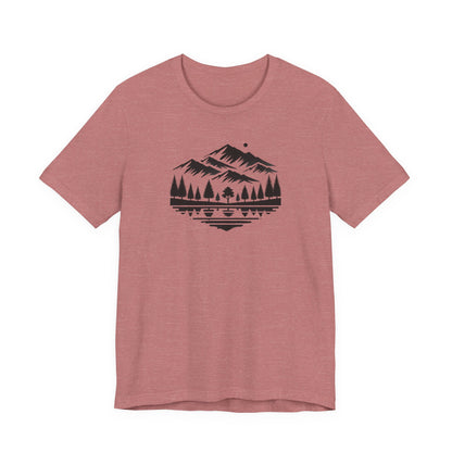 Alpine Reflection Tee | Minimal Mountain Scene with Forest and Lake - Bold Nature Graphic T-Shirt (BC3001)