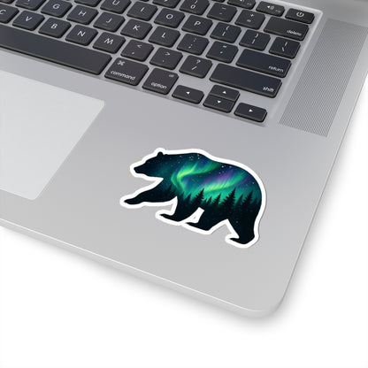 Aurora Bear Sticker | Northern Lights and Pine Forest Inside Bear Silhouette – Starry Wilderness Vinyl Sticker